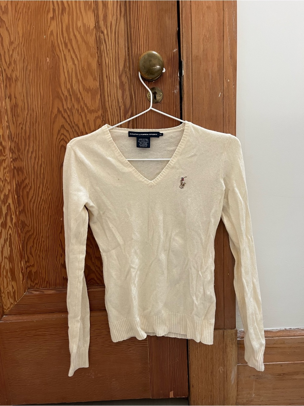 Polo by Ralph Lauren Cream V-Neck Knit Sweater with Embroidered logo